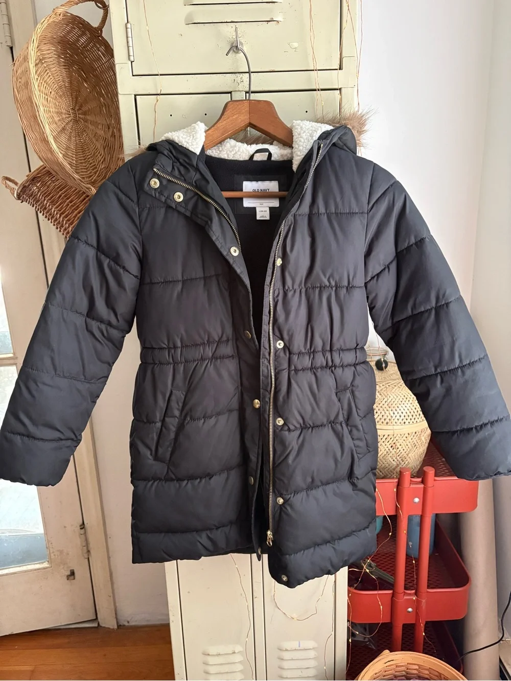 Kids winter long puffer jacket with fur hood